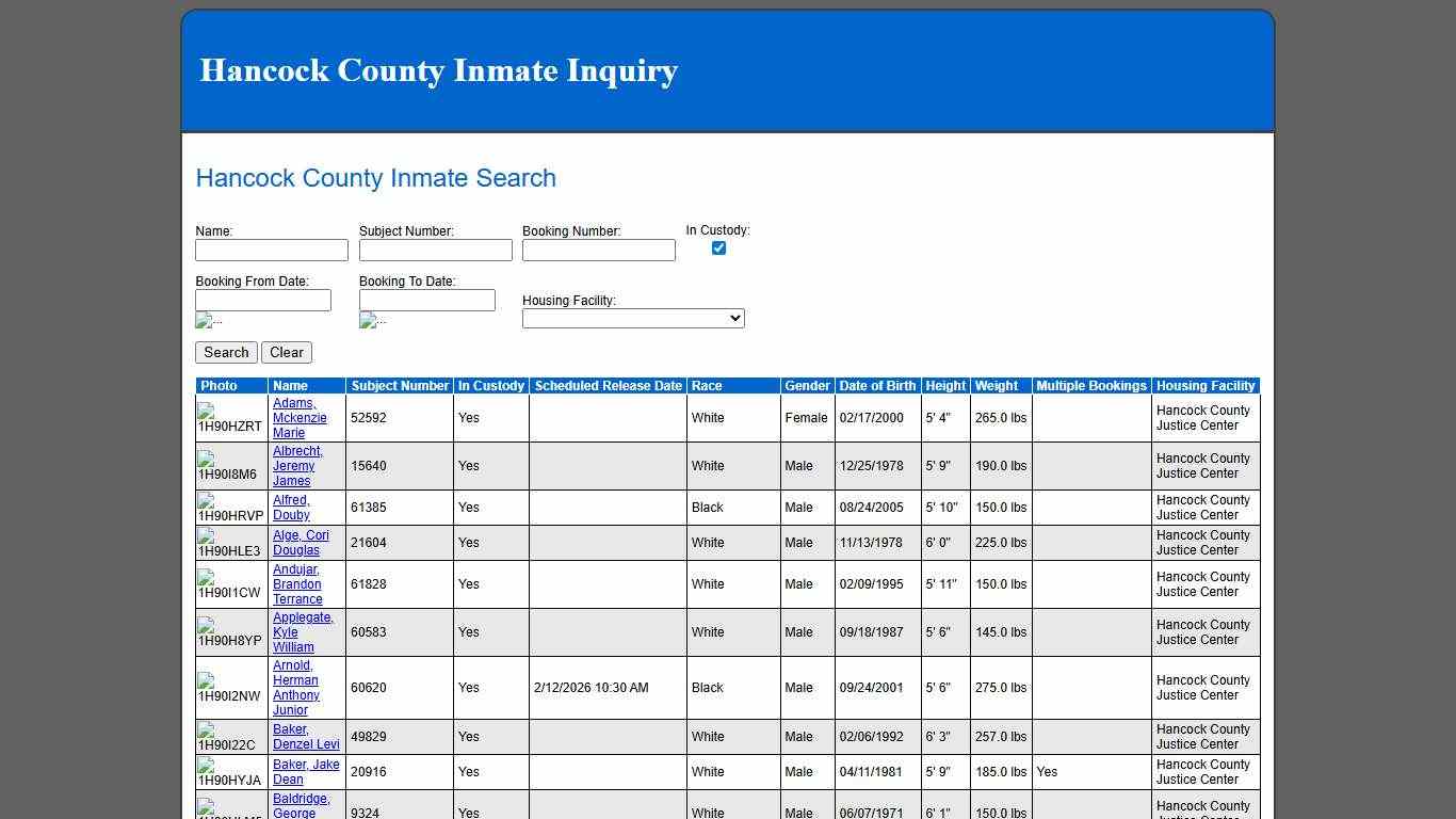 Hancock County Inmate Search